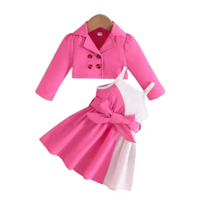 Fresh Style Summer Toddler Girls Clothes Sets Baby Girls Stitched Suspender Bow Dress With Suit Coat Jacket Girls Suits Set