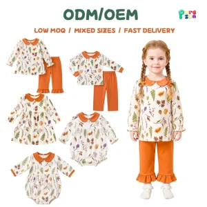 Full OEM ODM Support Autumn Leaves Print Girls Clothing Sets 8 to 9 Years Old Custom Logo 100% Cotton Ruffle Pant