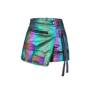 G0659 Summer Girls Shorts Mini Shiny PU Leather Short for Women A-line Cargo Pocket Women’s Shorts