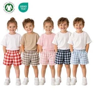 GOTS Certified Organic Cotton Kids Clothing Set 6M-6Y Baby Toddler Jersey T shirt Yarn dyed Shorts Summer 2 Piece Outfit