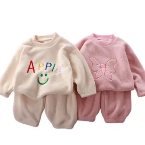 Girl Casual Sleepwear Cartoon Embroidery Thermal Fleece Long Sleeve Pullover Set 100% Polyester Winter Thickened Pajamas for