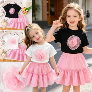 Girl Casual Suit Summer Handmade Pearl Flower Cotton Soft Short Sleeve T Shirt Bright Diamond Overskirt Two Piece Bows