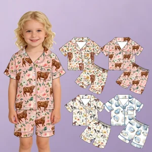 Girl Children Pajamas Western Style Cow Pattern Short Sleeve Top with Buttons Shorts Set Soft Kids Girls Sleepwear