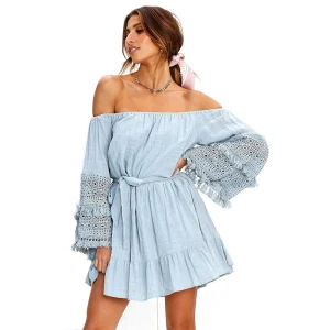 Girl Dress Design Mini Off Shoulder Long Sleeve Loose Casual Elegant Sweet Ruffle Short Dress