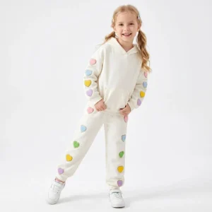 Girl Kids Clothing Sets White Rainbow Heart Patch 2 Piece Hoodie Joggers Soft Fleece Casual Loungewear Daily Wear 5 12 Years