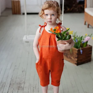 Girl Linen Jumpsuit Shoulder Lace up Bow Sleeveless Overall Rust Red Linen Romper Suit