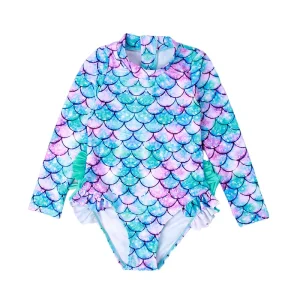Girl One Piece Mermaid Print Swimsuit Kids Bathing Suit for Girls Rash Guard Long Sleeve Upf50+ Sun Swimsuit Swimwear