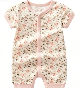 Girl Pajamas Short Sleeve White pink Flowers Printed Pattern Front Logo Knitted YKK Zipper Romper Sleepwear ODM