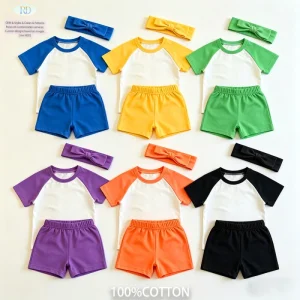 Girl Pure Cotton Color Block Raglan Sleeves Kids’ Solid Color 3 Piece Set with Headband Unisex Summer Shorts Set for Boys & Girl