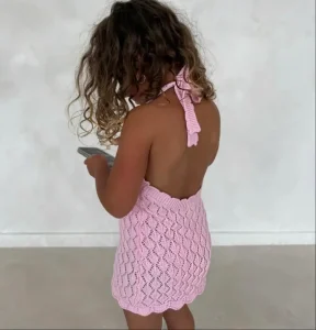 Girl Summer Diamond Cotton Knit Pink Dress 1-6 Year Seaside Fashion Pleasantly Halter Ties Middle Dress with Scallops Hem