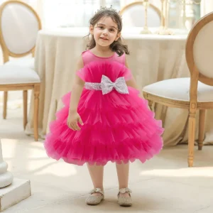 Girl Tulle Cake Pink Princess Dress With Sequins Bow Kids Birthday Party Dresses