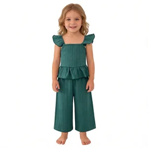 Girls 100% Polyester 2-Piece Sleeveless Outfit Solid Color Woven Ruffle Top Wide Leg Pants Set Casual Children’s Clothing Set