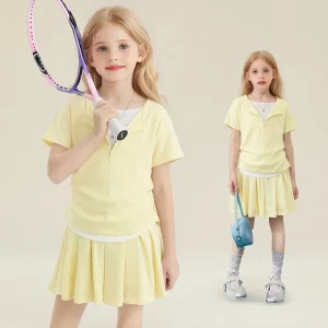 Girls 2 Piece Outfit Kids Summer Short Sleeve Zip up Top and Skirt Set Casual Sporty Children Clothing for Girls