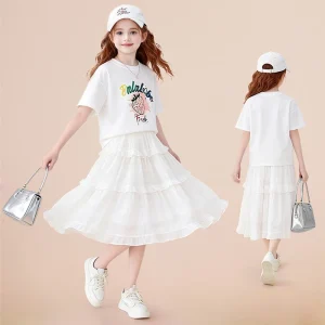 Girls 2 Piece Outfit Strawberry Print T Shirt and Tiered Skirt Set Casual Summer Dress for Kids