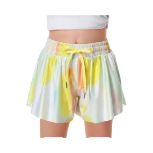 Girls 2-in-1 Athletic Running Shorts Satin Mid Waist Casual Short Pants Flowy Butterfly Pattern Logo Pocket Loose Fit for Women