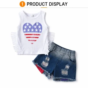 Girls 2pcs Summer Set USA Flag Heart Print Fringe Tank Top Distressed Washed Denim Shorts Kids Boutique Outfit