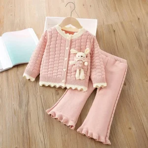 Girls 3-14 Years Sweater 2 Piece Set Pocket Little Rabbit Heart Button Knitted Cardigan and Elastic Flared Pants for Kids