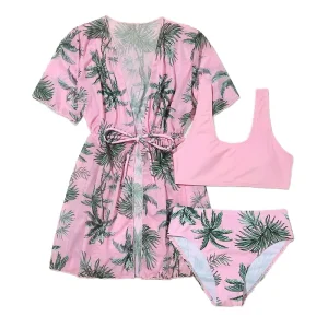 Girls 3 Piece Set Plant Print Skirt Bikini Cover up Kids Swimsuit 7-12 Years Children’s Swimwear Teens Beachwear