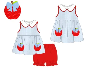 Girls Apple Embroidery Sleeveless Top Ruffle Shorts Set OEM Factory Custom Print Color Size Fabric All Kids Outfit Detail
