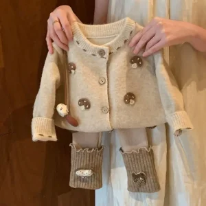 Girls’ Autumn Winter New Style Heavy Crochet Sweater Cardigan Coat Korean Version Fashionable Knitted Sweater for Toddler Girls