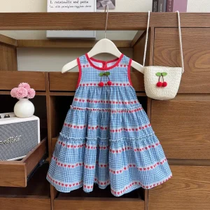 Girls’ Baby Dresses Summer New Sleeveless Cake Vest Dresses Princess Style for Little Girls with Woven Bag