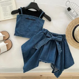 Girls Baby Summer Clothing Set New Sleeveless Denim Vest Top and Short Skirt 3 Piece Set Kids Children Birthday Casual Clothes