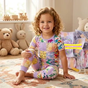 Girls Bamboo Pajama Set Short Sleeve Soft Breathable Sleepwear Cartoon Print Kids Night Suit