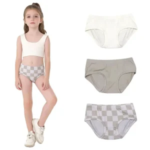 Girls Bamboo Viscose Briefs Multipack Soft Plaid & Solid Color Panties Breathable Kids Underwear Set