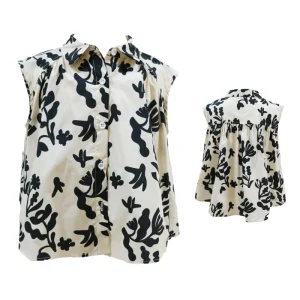 Girls Black White Casual Blouse 100% Cotton Short Sleeve Floral Top Button Closure Breathable Eco Friendly Anti Wrinkle Loose