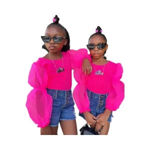 Girls Blouses & Shirts Bubble Sleeve Mesh Long Gauze Crew Neck Shirt Children’s Fashion Clothing