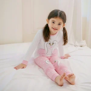 Girls Boutique Casual Swan Pajama Set 3D Organza Wings Soft Stretch Long Sleeve Breathable Sleepwear Pink Princess Ballet Gift