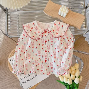 Girls Breathable Printed Long-Sleeved Cotton Doll Collar Blouses Tops Sweet Ruffle Bottom Casual Shirts