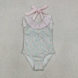 Girls Breathable Soft Ruffled One-Piece Swimsuits Floral Print Beach Casual Swimwear Toddler Kids