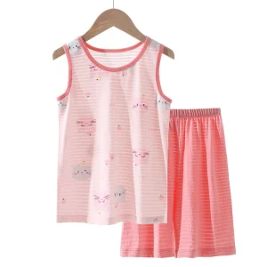 Girls Breathable Striped Sleeveless Tank Top Shorts Pajama Set Cute Cartoon Cat Print Kids Summer Home Wear Sleepwear Set