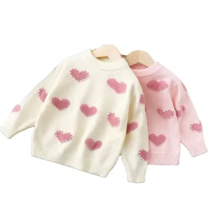 Girls Cardigan Sweater Baby Girl Pearl Peach Heart Pullover Sweater Top Winter Sweetheart Princess