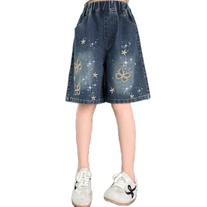 Girls Cartoon Pattern High Waist Denim Shorts Elastic Closure Embroidery Bow Summer Big Kids Loose Fit Outer Wear