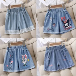 Girls Cartoon Print Loose Fit Elastic Waist Denim Shorts for Summer Daily Casual Outfit Kids Cartoon Denim Casual Shorts