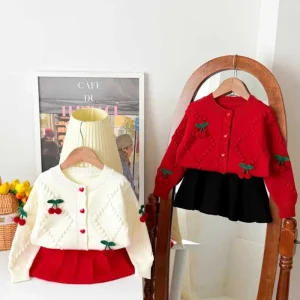 Girls’ Casual Autumn Sweater Cute Cherry Design Spring and Autumn Knitted Cardigan Coat Children’s Fashion Clothing Set