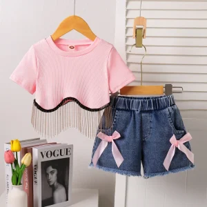 Girl’s Casual Broken Diamond Tassel Short Sleeve Jacket Bow Denim Shorts Two Piece Set Worsted