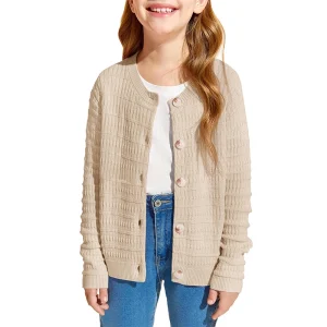 Girls Casual Cardigan Jackets Long Sleeve Button Down Cable Knit Nylon Sweaters for Ages 5-14 Years for Autumn