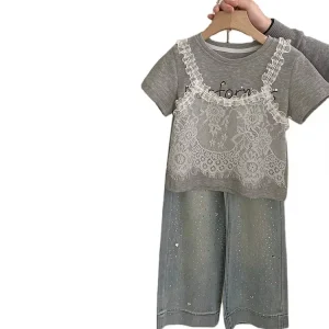 Girls Casual Clothing Set Lace Mock Two Piece Top and Sequined Jeans for Teenagers for Spring Summer