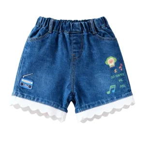 Girls’ Casual Cotton Jeans Shorts Mid Waist Breathable Embroidery Decoration Solid Pattern Stretch Denim Ripped Wear Kids