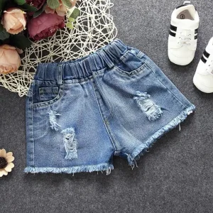 Girls Casual Mid Waist Denim Shorts with Holes Korean Style Summer Fashion Sizes 9-12 for Ages 5-12