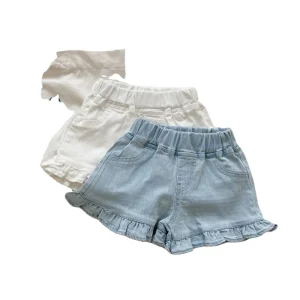 Girls Casual Soft Denim Shorts Summer New Korean Baby Lace Edge Hot Pants Children’s Fashionable Shorts