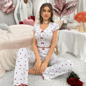 Girls Casual Summer Autumn Sleepwear Two Piece Suit Printed Heart V Neck Short Sleeved Pajamas for Women