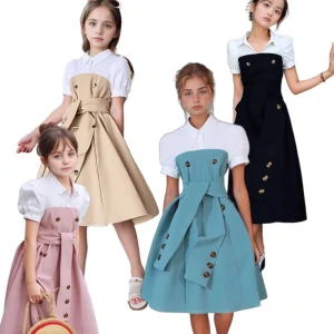 Girls Casual Summer Dress with Knee Length Lapel Button Short Sleeve Contrast Stitching Solid Plain Dyed