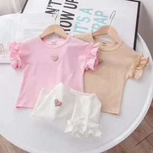 Girls’ Casual Summer Fashion Top Cotton Short Sleeved Polo Shirts in Small & Medium Sizes Printed Lace Detail Sweet Style
