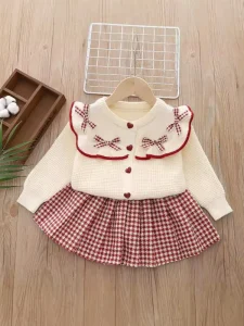 Girls Casual Two Piece Sweater Set Cute Stylish Spring Autumn Knitted Cardigan with Cartoon Plaid Pleated Skirt
