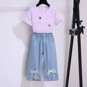 Girls’ Casual Two piece Set Angel Girls Printed Short Sleeved T shirt and Casual Pants Set Children’s Summer Clothing