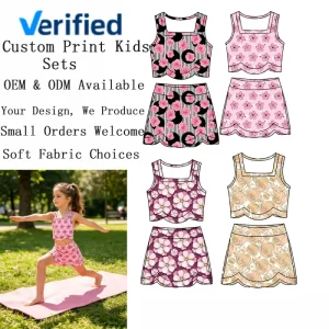 Girls Cherry Blossom 2 Piece Outfit Custom Print Kids Sleeveless Crop Top Ruffle Skirt Set Summer Beach Swimwear